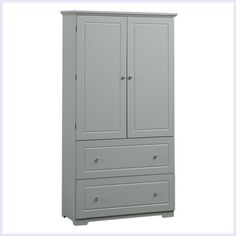 a gray armoire with two drawers and one door