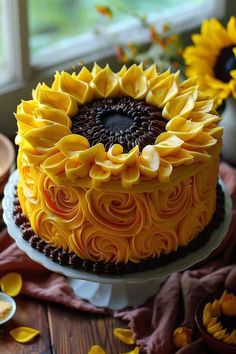 a sunflower cake with chocolate frosting on a wooden table next to some flowers