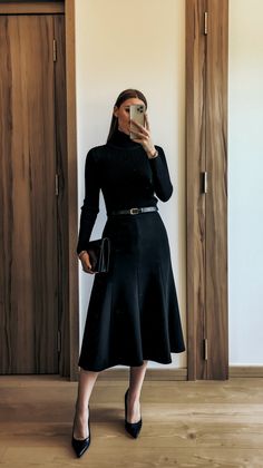 A Line Skirt And Sweater Outfit, Black Turtleneck Mini Skirt, Turtle Neck Outfit Skirt, Business Casual Midi Skirt, Black Wool Skirt Outfit, Black Skirt Tights Outfit, Black Slingback Heels Outfit, Black Turtleneck Outfit Aesthetic, Black A Line Skirt Outfit