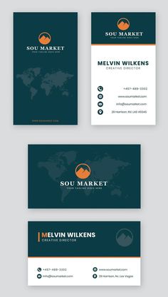 three business cards with an orange and blue logo on them, one is for market