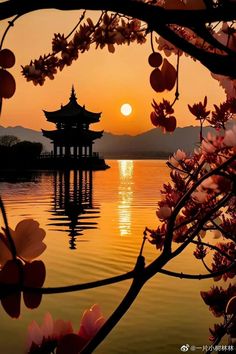 the sun is setting over a lake with cherry blossoms in front of it and a pagoda