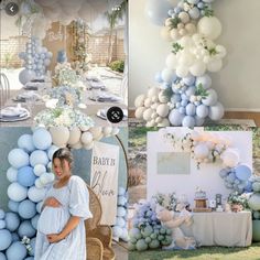 a collage of photos with blue and white balloons, baby's breath table cloths