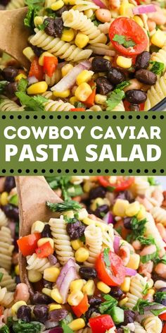 this cowboy caviar pasta salad is loaded with black beans, corn, carrots, and cilantro