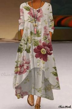 Olivia Mark - Patchwork Print V-Neck Long Dress with Pockets - Casual Yet Chic Long Floral Skirt, Vintage Floral Top, Loose Dress, Linen Dress, Floral Maxi Dress, Women's Fashion Dresses, Long Skirt, Casual Dresses For Women, Double Layer