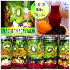 there are many jars filled with different fruits and veggies on the table, including kiwis