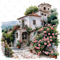 a painting of a house with flowers on the outside