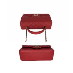 Chanel Red Lambskin Mini Rectangular Top Handle Flap This stunning Chanel mini flap top handle bag is a timeless and chic accessory that is perfect for any occasion. The bag is crafted from luxurious lambskin leather in a beautiful red color. The bag features a leather top handle, a gold chain link shoulder strap threaded with leather and a frontal flap with a gold Chanel Classic CC turn lock. This opens to a leather interior with zipper and patch pockets. Designer: Chanel Material: Lambskin leather Origin: Italy Date/ Code: Microchip Production Year: 2022 Measurements: 7.75" x 4.75" x 2.25" (wxhxd) Drop: 1.5" handle; 22" strap Closure/Opening: CC turn-lock Interior Lining: Leather; Fine textile Hardware: Light gold-tone metal Includes: Chanel box, dust bag, ribbon & Entrupy COA Overall Co Chanel Material, Chanel Box, Chanel Mini, Gold Chanel, Chic Accessories, Luxe Fashion, Exclusive Bag, Handle Bag, Leather Interior