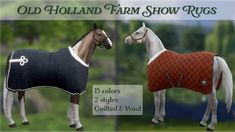 an old holland farm show rugs is shown with two horses wearing sweaters and wool