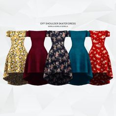 four dresses are shown in different colors and sizes, with the text off shoulder skater dress