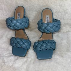 Steve Madden Kenley Vegan Leather Braided Mule Blue Sandals Womens Size 6.5 Blue Heels With Stacked Block Heel, Chic Blue Sandals With Stacked Heel, Trendy Blue Heels With Reinforced Heel, Trendy Blue Heels With Heel Strap, Light Blue Synthetic Heels With Padded Heel, Trendy Light Blue Heels With Wrapped Heel, Blue Square Toe Heels For Spring, Blue Block Heels With Heel Loop, Blue Leather Heels With Wrapped Heel