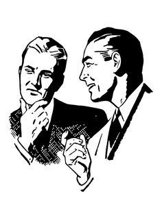 black and white drawing of two men in business suits looking at each other with their hands together