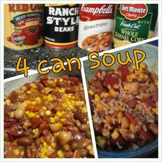 the four pictures show different types of beans and corn in various dishes, including canned food