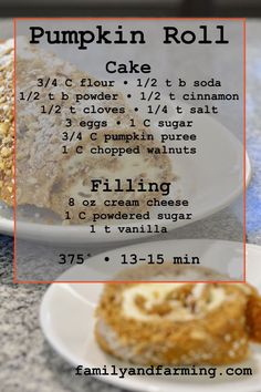 a recipe for pumpkin roll cake on a plate