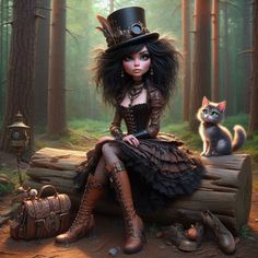 a woman sitting on top of a log in the woods next to a cat and purse