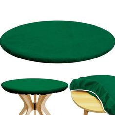 a green table and two stools with covers on them