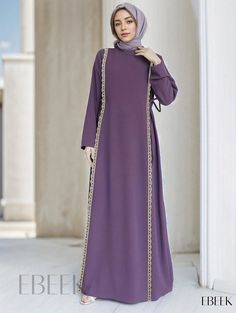 Ebeek - Luxurious Lace-Trimmed Kaftan Dress: Elegant Long-Sleeved Dress in a Sophisticated Solid Color, Exclusively for Women Elegant Purple Tunic Dress, Purple Long Sleeve Dress For Eid, Long Sleeve Formal Dress For Eid, Fitted Purple Dress For Eid, Purple Fitted Dress For Eid, Modest Long Sleeve Purple Dresses, Elegant Purple Dress For Eid, Ruffle Pattern, Sleeved Dress