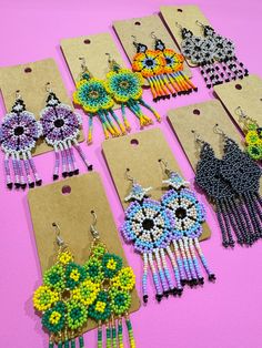 Add a pop of color to your outfit of the day with these beautiful, beaded Huichol earrings.   Handcrafted by Artisans in Mexico. Measurements: (Approximately) Length: 3 inches Width: 1.5 inches Huichol Earrings, Tyler Tx, Boho Fashion Bohemian, Handmade Earrings Beaded, Earrings Bohemian, Earrings Boho, Estilo Boho, Hand Beading, Chandelier Earrings