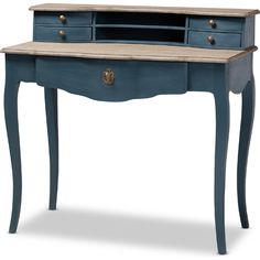 a blue desk with two drawers and one drawer on the top, in front of a white background