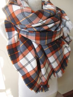 "Hello and thank you for stopping by scarves2012 Tartan plaid blanket shawl scarf, Flannel shirt fabric shawl Blanket wrap shawl scarf for camp color : ORANGE navy blue white plaid ♥ This shawl scarf made out of very soft shirt flannel, super warm fabric. This fabric made for mountain climber, mackinaw coat, shirt. Called in our country \"oduncu gömlek\". ♥ Rectangle large blanket shawl scarf You could choose any MEASUREMENT you want over the dimensions box above. 78\"x20\" $22 (this is the meas London Wear, Blue Plaid Blanket, Winter Scarf Fashion, Navy Blue Scarf, Womens Fashions, Tartan Plaid Scarf, Winter Accessories Fashion, Plaid Shawl, Fabric Scarf