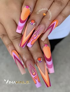 Nail Art Orange, Nail Palette, Rave Nails, 2024 Nails, Vintage Nails, Fancy Nails Designs, Dope Nail Designs, Flame Design, Acrylic Nails Coffin Pink