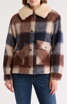 A removable faux-shearling collar amplifies the cozy vibe of a plaid shirt-jacket fashioned in a comfortably relaxed fit. 25" length (size Medium) Front button closure Removable spread collar Front button-flap patch pockets Lined 82% polyester, 6% wool, 5% nylon, 1% other fibers with 100% polyester faux shearling Dry clean Imported Blue Sherpa Outerwear For Fall, Big Comfy Sweaters, Parka Coat Women, Heeled Rain Boots, High Heel Rain Boots, Womens Parka, Parka Coat, Blue Plaid, Dress With Boots