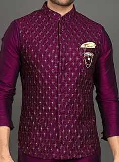 Hand Made Custom Fit Cherry Silk Viscose embroidery Men's Indian Wedding Wear waistcoat jacket, Nehru jacket for indian wear function outfit.  can be any customization requirement? contact me feel free we provide all customized services. NOTE: All our items are handmade and specially customized for our beautiful customers. Please expect minor variations in the actual product as compared to the image displayed. We make it exclusively using similar fabrics. Product color may slightly vary due to p Luxury Men's Nehru Jacket For Ceremonial Occasions, Luxury Naqshi Nehru Jacket For Groom, Luxury Nehru Jacket With Motifs For Wedding, Festive Nehru Jacket With Intricate Embroidery For Groom, Embroidered Nehru Jacket For Groom At Festivals, Festive Wedding Vest With Zari Work, Traditional Wedding Vest For Festive Occasions, Traditional Wedding Vest For Festive Season, Traditional Festive Wedding Vest