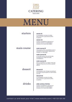 a menu for a restaurant with gold trimmings and blue stripes on the bottom