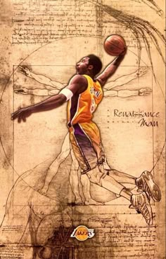 a drawing of a basketball player holding a ball in his right hand and wearing an orange jersey