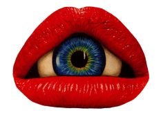 a drawing of an eye with bright blue and red lipstick on it's lips