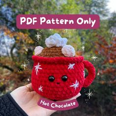 a crocheted coffee cup with marshmallows in it and the words, free pattern only