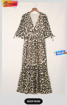 Leopard Print Drawstring V Neck High Waist Long Dress Flowy Drawstring Maxi Dress For Summer, Summer Vacation Maxi Dress With Drawstring, Summer Maxi Dress With Drawstring For Day Out, Summer Maxi Dress With Drawstring For Spring, Spring Brunch Drawstring Maxi Dress, Spring Summer Maxi Dress With Drawstring, Spring/summer Maxi Dress With Drawstring, Leopard Print Summer Vacation Dresses, Spring Leopard Print Maxi Dress For Beach