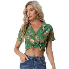 A great shirt to be paired with shorts or jeans. Enjoy the summer with the help of the Hawaiian leaf-printed shirt. Lend a touch of charm to your new season wardrobe with this shirt. Whether on carnivals, festivals, vacations, on the beach, or even at a theme party, you will certainly receive many compliments. Suitable for wearing to the beach. Green Printed Short Sleeve Shirt For Spring, Green Camp Collar Blouse For Summer, Spring Green Blouse With Camp Collar, Green Camp Collar Blouse For Spring, Spring Printed Green Camp Shirt, Green Printed Camp Shirt For Spring, Trendy Green Printed Shirt, Green Button Closure Shirt For Summer, Green Collared Beach Tops