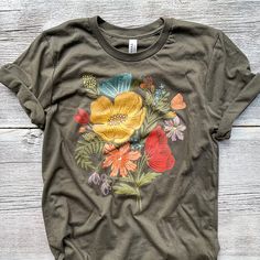 Colorful Flower Bouquet Tee / T Shirt - 100% cotton - Fancy That Design House & Co. Colorful Flower Bouquet, 2023 Christmas Gifts, Army Colors, Coral Print, Colorful Bouquet, Cute Shirt Designs, Floral Tee, Cute Shirt, Green Shirt