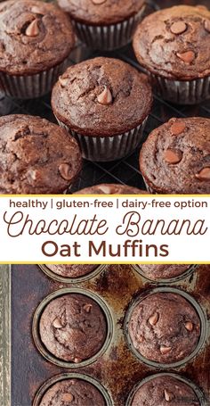 chocolate banana oat muffins with text overlay