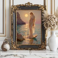 a painting of a woman standing in the water