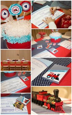 a train themed birthday party with red, white and blue decorations