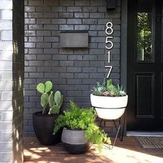 some plants are sitting in front of a door and numbers on the side of a building