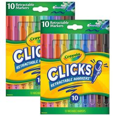 Nomorelostcapsordriedoutmarkers.CrayolaClickWashableMarkersareretractablewithspecialinkthatisdesignedtoresistdryingout.Theirconicaltipsmakeitpossibletocreatethickandthinlines,whiletheeasy-clickdesignmakesthemidealforcoloringon-the-goPrepareforschoolprojects,crafts,andhomeworkassignmentswithvibrantcolorsthatwashfromskinaswellasmostwashableclothing.Pairthismarkersetwithgiantcoloringpagesoractivitybooksforhoursofcolorful,creativefun.Features Markers Crayola, Prepare For School, Crayon Set, Kids Art Supplies, Marker Set, Washable Markers, Activity Books, Coloring Markers, Birthday List