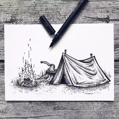 a drawing of a tent with a person sitting in front of it next to a fire