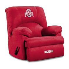 a red recliner with the kansas chiefs logo on it's back and arms