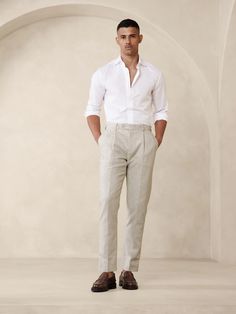 Arroyo Cotton-Linen Suit Pant | Banana Republic Mens Wedding Guest Outfit, Wedding Guest Outfit Men, Linen Pants Suit, Beach Formal, Formal Wedding Attire, Casual Wedding Attire, Party Outfit Men, Rehearsal Dinner Outfits