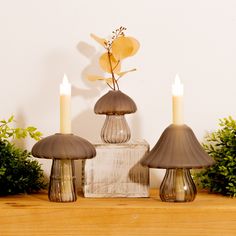 three candles are sitting on a table next to two vases with flowers in them