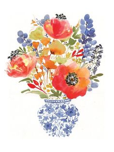 a watercolor painting of flowers in a blue and white vase