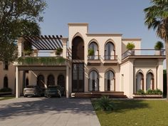 a car is parked in front of a large house with balconies on the second floor