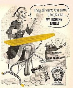 an advertisement for the ironing table with a woman sitting at it and holding a paper