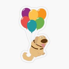 a dog with balloons sticker on it's back, flying through the air