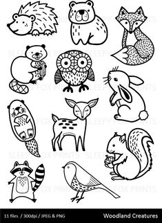 the woodland animals clip art is shown in black and white