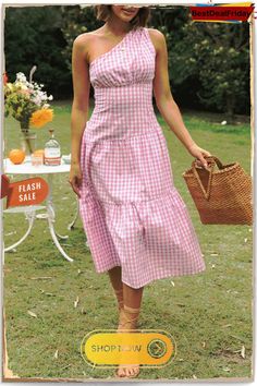 Plaid One Shoulder Layer Midi Dress Chic Pink Dress For Picnic, Pink Summer Midi Dress For Picnic, Pink Midi Dress For Summer Picnic, Pink Fitted Midi Dress For Picnic, Fitted Pink Midi Dress For Picnic, Feminine Midi Dress For Picnic, Feminine Midi Length Dress For Picnic, Casual Dress For Picnic, Gingham Maxi Dress For Summer Day Out