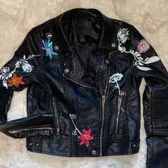 [Blanknyc] Stunning Black Vegan Leather Jacket. Hand-Painted And Embroidered. Never Worn (Too Small ). Size Xs Fall Outerwear With Floral Embroidery, Casual Embroidered Fitted Leather Jacket, Casual Fitted Embroidered Leather Jacket, Casual Embroidered Fitted Biker Jacket, Trendy Embroidered Leather Jacket For Fall, Casual Black Leather Jacket With Embroidery, Black Leather Jacket With Floral Embroidery For Spring, Casual Biker Jacket With Floral Embroidery, Casual Embroidered Leather Jacket For Spring