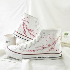 Fabric Material: CanvasColor: WhiteShoes Are Hand Painted And Pre-order. Each Pair Are Unique. Ship In 4-12 Days Cherry Blossom Shoes, Cherry Shoes, Painted Converse, Painted Shoes Diy, Japanese Blossom, Embroidered Converse, Cute Converse, Embroidery Shoes, Embroidered Shoes